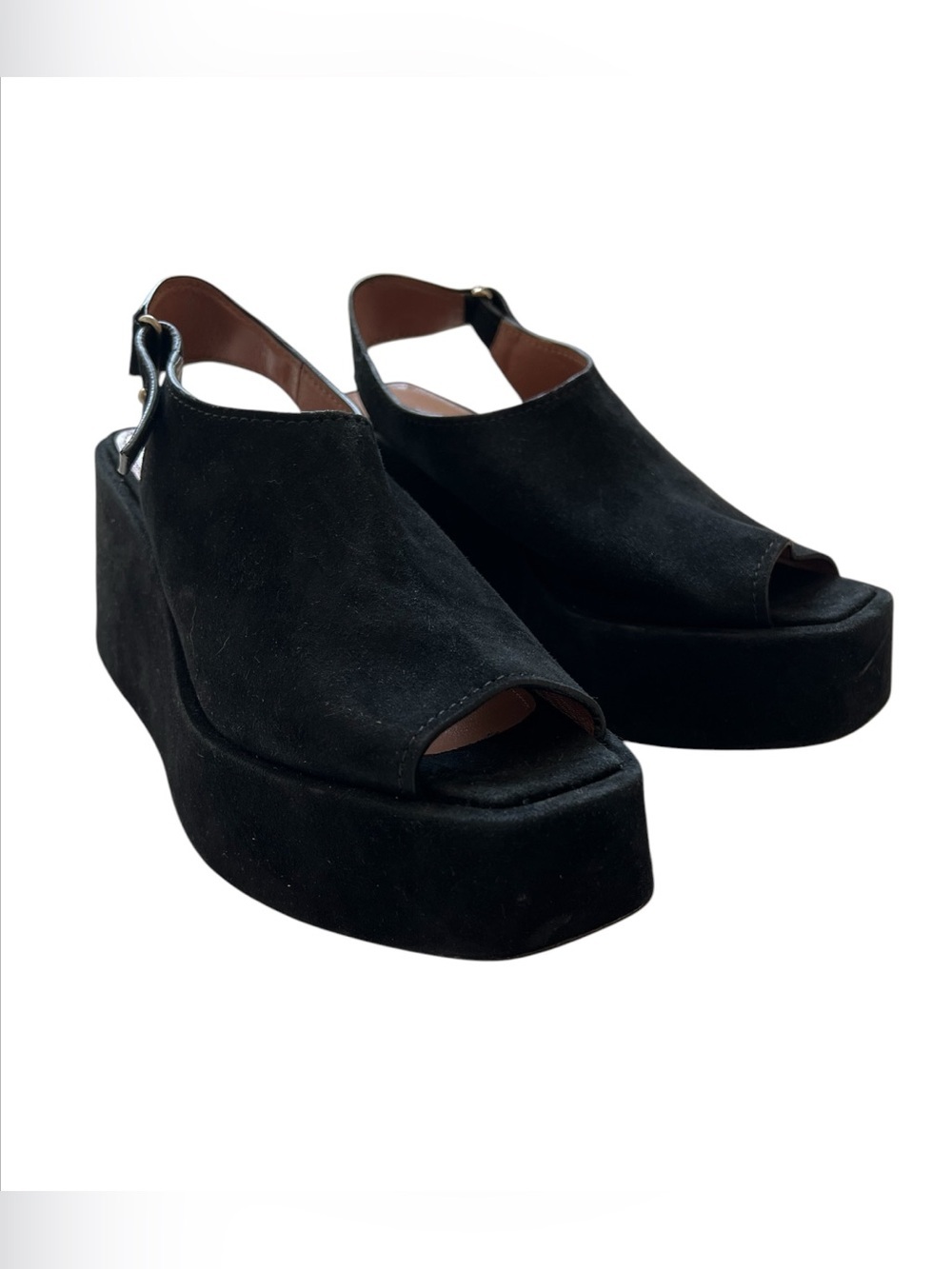 Max Mara Sportmax Black Suede Leather Peep Toe Platform Sandals Size 39 US 9